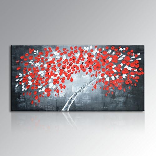Seekland Art Large Hand Painted Red Abstract Money Tree Oil Painting on Canvas Fortune Wall Art Decor Hanging Modern Contemporary Artwork Unframed (60"W x 30"H, Red)