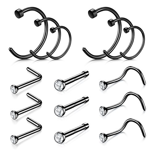 Incaton black nose rings, 20g 8mm 10mm 12mm hook nose r…