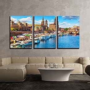 3 Piece Canvas Wall Art - Scenic Summer View of The Old Town Architecture with Elbe River Embankment in Dresden - Modern Home Art Stretched and Framed Ready to Hang - 16"x24"x3 Panels