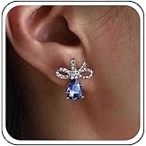 Yheakne Vintage Teardrop Blue Sapphire Earrings Waterdrop Sapphire Drop Earring Blue Gemstone Teardrop Earrings Silver Filigree Bow Stud Earring Jewelry for Women