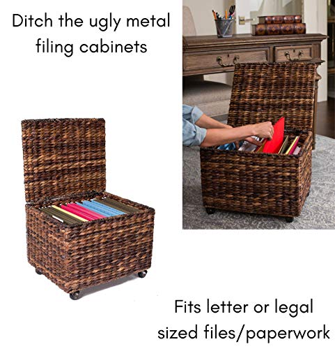 Birdrock Home Seagrass Rolling File Cabinet Storage Organizer Box With Lid Home Office Decor Decorative Organize Letter Legal Hanging Filing Container Strong Durable Toy Pillow Espresso