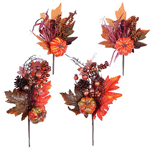 Valery Madelyn 4 Packs Fall Picks with Artificial Pumpkins, Berries and Maple Leaves, Floral Picks for Fall Decor, Thanksgiving Fall Decorations, Autumn Decor, Crafting and Displaying