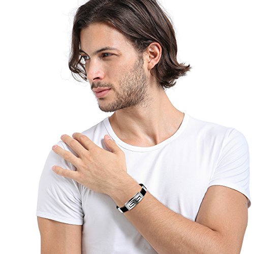 MOWOM Silver Tone Black Stainless Steel Rubber Bracelet Bangle Cuff Greek Adjustable - Thumbnail 4