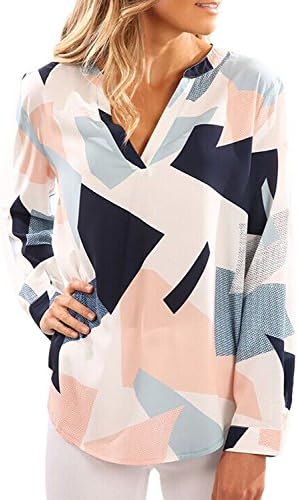 CHUIZI Women's V-Neck Long Sleeves Floral Printed Geometric Pattern Blouses Casual Tops