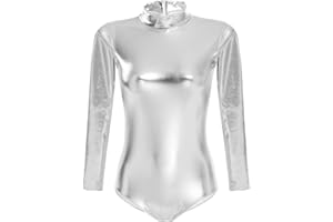 ABAFIP Women Metallic Liquid Shiny Long Sleeve Gymnastic Ballet Dance Leotard Bodysuit Faux Leather Stage Dancewear Costume
