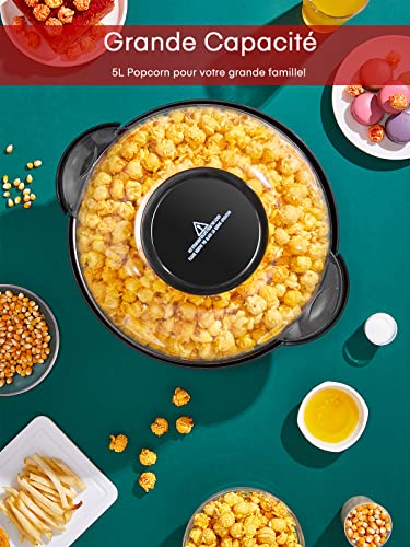 FOHERE Pop Horn Machine, 5.5 L Pop Corn, Removable Tray, Non-stick Coating, Quiet and Quick, Transparent Lid Can Be Used As a Container (Red)