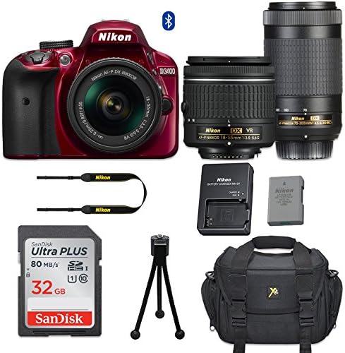 Nikon D3400 DSLR Camera (Red) with Nikon AF-P DX 18-55mm f/3.5-5.6G VR Lens + Nikon AF-P DX NIKKOR 70-300mm f/4.5-6.3G ED Lens + 32GB Memory Card + Camera Carrying Bag + Tripod (Certified Refurbished)
