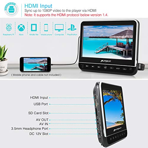 PUMPKIN 10.1 Inch Headrest Car DVD Player with Free Headphone, Support 1080P Video, HDMI Input, AV in Out, Region Free, USB SD, Mounting Brackets Included - Thumbnail 3