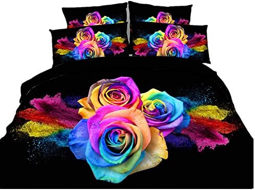 ENJOHOS 3D Colorful Rose Bedding Cotton Black Bed Set Floral Duvet Cover Set 4 Pieces, Including Duvet Cover, Flat Sheet, 2 Pillow Cases (Queen)