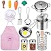iBaseToy Pretend Play Kitchen Accessories Toys with Stainless Steel Cookware Pots and Pans Set, Cooking Utensils, Apron & Chef Hat, Play Foods for Kids, Girls, Boys and Toddlers