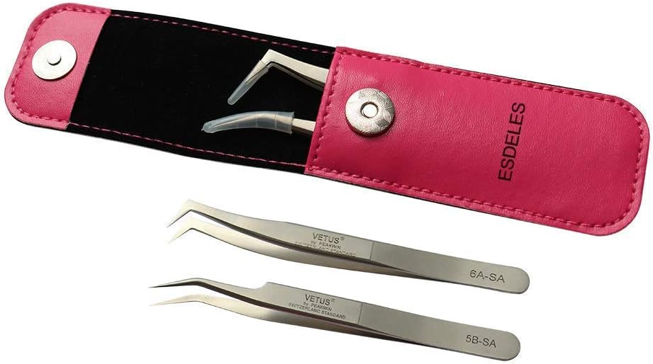 Set of 2Pcs Vetus Tweezers 5B-SA & 6A-SA Kit Stainless Steel Slant Tip Curved Tweezer Set Pointed Eyebrow Eyalash Tool