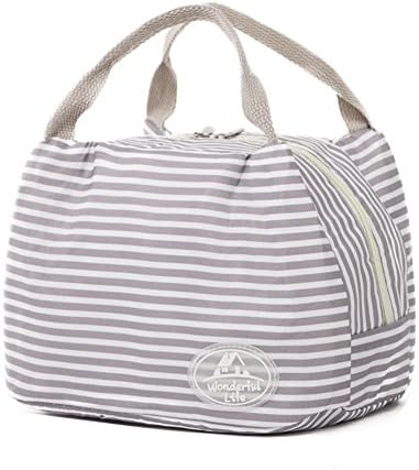 LIZHIGU Insulated Lunch Bag Reusable Waterproof Lunch Tote Bag Cute Cooler Bag Gray Stripe