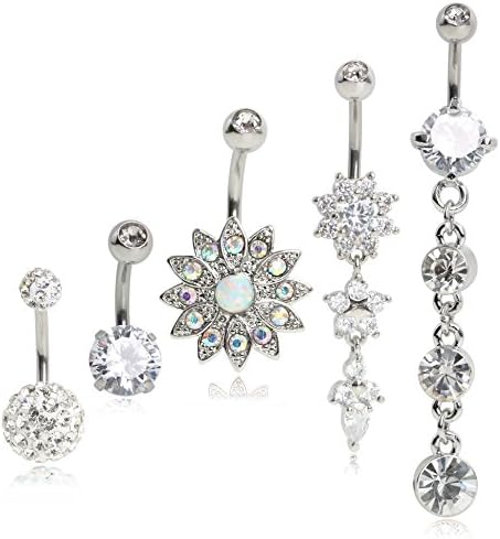 SkullParty 5PCS 14 Gauge Belly Button Rings Dangle Stainless Steel CZ Opal Belly Navel Rings Piercing for Women Girls Summer - Steel