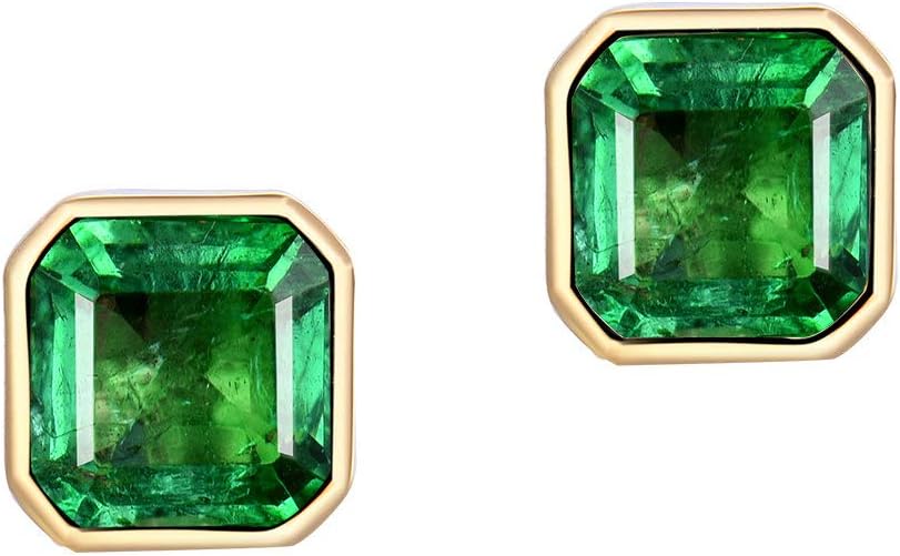 Lanmi 18ct Yellow White Rose Gold Natural Green Emerald Earrings Studs for Women