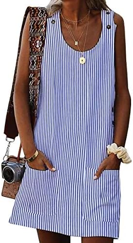 Valphsio Women Stripe Tank Dress Crew Neck Summer Short Shift Dress with Pocket Blue X-Large