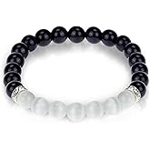 Black Obsidian & White Selenite Agate Bracelet – Chakra Healing Energy Balancing Crystal Bracelet for Protection & Mindfulness Gift