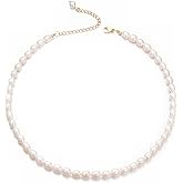 Aleasha Small Freshwater Rice Pearl Strand 15" Gold Cultured Pearl Necklace for Women Wedding Pearl Choker Handmade Jewelry