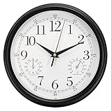 Kiera Grace Metz Indoor/Outdoor Wall Clock with Temperature and Humidity Gauge, 9-Inch, 2-Inch Deep, Black