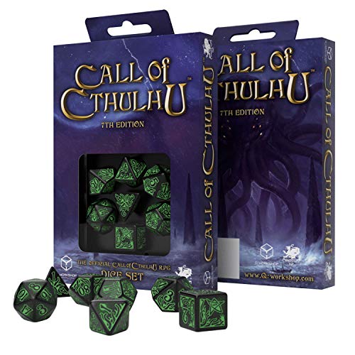 Q Workshop Call Of Cthulhu black & green RPG Ornamented Dice Set 7 Polyhedral Pieces