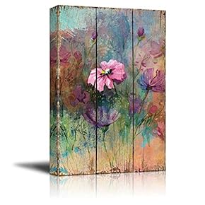 Vintage Pink Watercolor Flowers on Wooden Panels Nature
