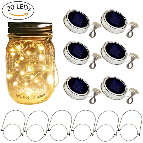 Solar Mason Jar Lid Lights, 6 Pack 20 Led String Fairy Star Firefly Jar Lids Lights,6 Hangers included(Jars Not Included), Best for Mason Jar Decor,Patio Garden Decor Solar Laterns Table Light