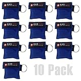 CPR MASK KIT with ONE-WAY VALVE. Face Shield. Keyring 10 PACK - Disposable & Safe First Aid. Barrier. Emergency Rescuer & AED Training. Key-ring Pouch. (Blue)