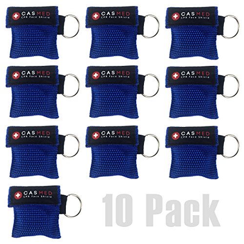CPR MASK KIT with ONE-WAY VALVE. Face Shield. Keyring 10 PACK - Disposable & Safe First Aid. Barrier. Emergency Rescuer & AED Training. Key-ring Pouch. (Blue)