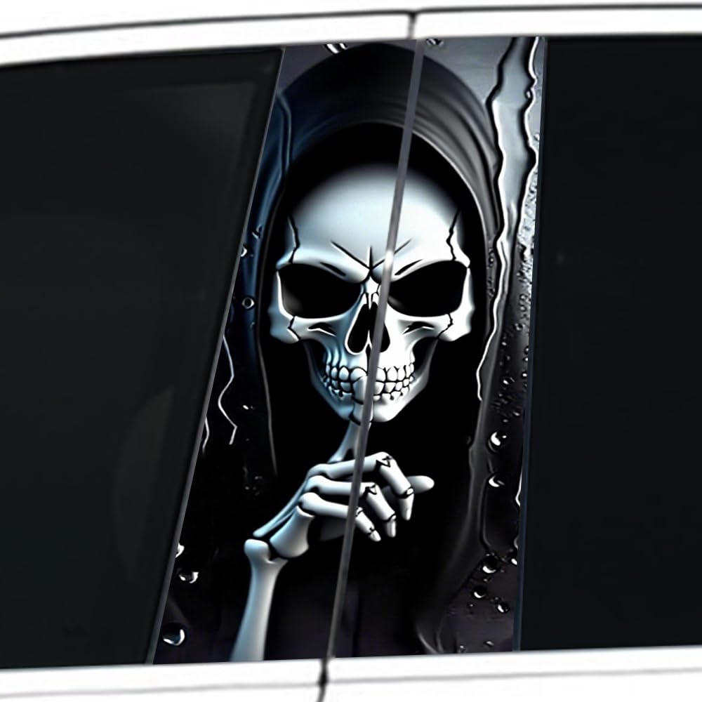 Photo 1 of 1 Pair Halloween Cars Body Horror Sticker, Horror Car Center Pillar Decals,Scary Skull Panda Killer Face Peeking Door Window B-Pillar Decoration 11in*18.89in (Death God Peeking)
