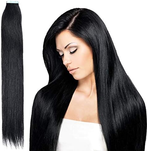 Tape in Hair Extensions-100% Remy Human Hair Seamless Skin Weft Straight Hair 20pcs 50g per Pack (20 Inches, 1 Jet Black)