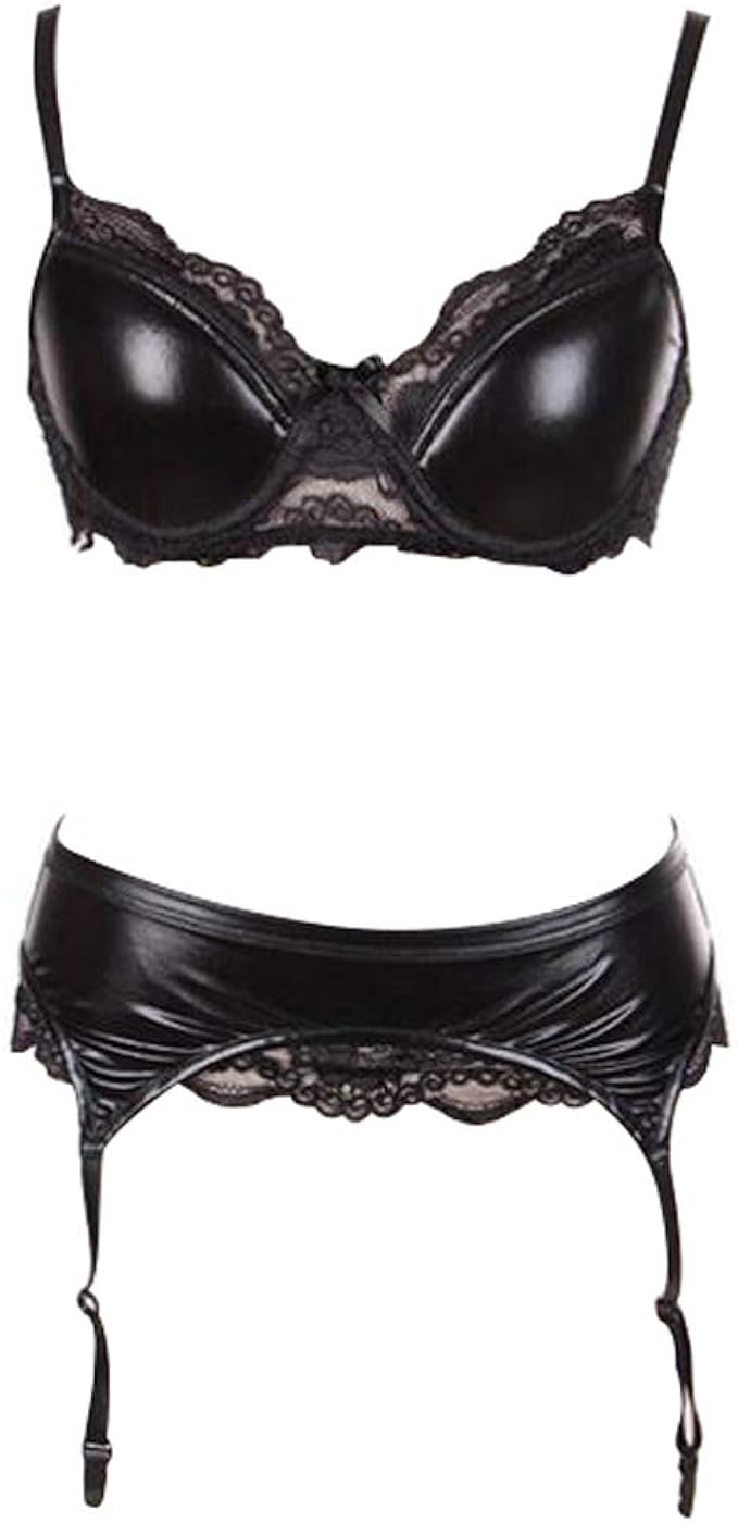 Women's Black Patent Leather Lace Underwear Garter Belt (L) Amazon.co