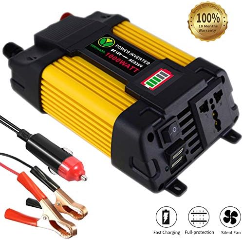 Chenguang Power Inverter DC 12V to AC 240V 1000W Car Inverter Cigarette Lighter Adpter in Car and Crocodile Clip for Battery Dual 2.1A USB and LED Disply Converter