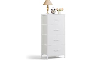 SAGENEST Nightstand, 4 Drawer Dresser End Table Bedside Furniture with Wooden Top Steel Frame Fabric Bins for Bedroom, Closet, Entryway, Dorm, Living Room, White