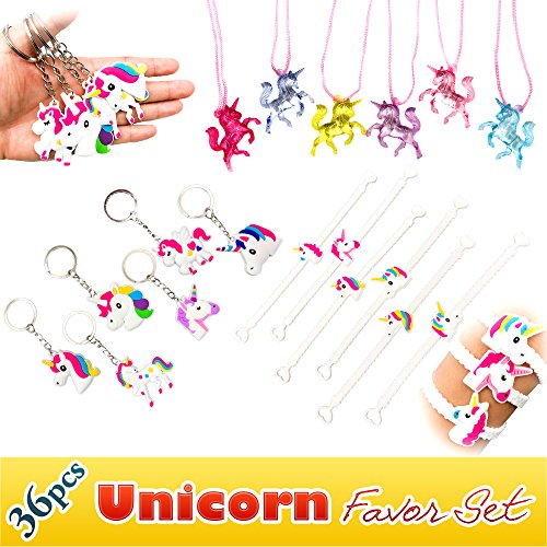 Rainbow Unicorn Toy Novelty Birthday Party Favor Set, 36pcs, Unicorn Bracelets, Necklaces, Keychains