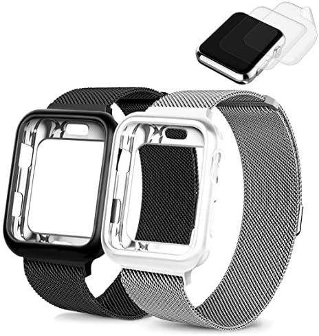 (2 Pack) EP Compatible with Apple Watch Band 38mm 40mm w/Case, Stainless Steel Mesh Milanese Loop Replacement for iWatch Band Compatible with Apple Watch Series 4 3 2 1, Pls 2X Screen Protectors