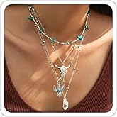 Xeyau Western Necklaces for Women Country Concert Outfits Boho Turquoise Necklace Cowgirl Cowboy Layered Necklace Bohemian Vintage Country Accessorie