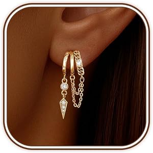 My Queen Dangle Earrings for Women, Dainty 14k Gold Plated Triple Huggie Stud Earrings Cute Statement Chain Earring Hypoaller