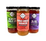 Mrs. G's Hot Pepper Jelly 3-Pack: Jalapeno-Habanero Jelly, Jalapeno Garlic Lime Jelly, and Mango Ginger Habanero Jelly. Locally sourced and packaged in Southern California.