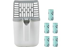 Cat Litter Scoop with Bag, Integrated Detachable Cat Litter Shovel with 5 Rolls/75 Waste Bags, Bag Dispensing Poop Scooper, W