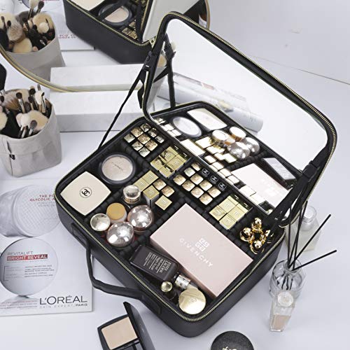 Rownyeon Makeup Train Case with Mirror Portable 14.5inch Cosmetic Organizer Professional Makeup Bag with Adjustable Dividers for Cosmetics Makeup Brushes and Toiletry Jewelry Digital Accessories