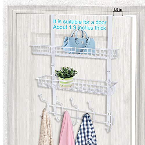 Coat Rack, MILIJIA Over The Door Hanger with Mesh Basket, Detachable Storage Shelf for Towels, Hats, Handbags, Coats (White-2 Layer)