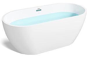 FerdY Bali 59" Acrylic Freestanding Bathtub, Gracefully Shaped Freestanding Soaking Bathtub, Toe-Tap Chrome Drain and Classic Slotted Overflow Included, Glossy White, cUPC Certified