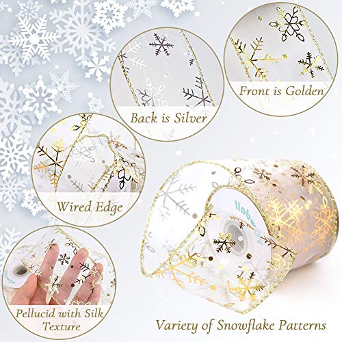 10Yard x2.4Inch Christmas Ribbons Double Faced Ribbon Gold and Silver Snowflake Wired Ribbon for Christmas Tree Wedding Home Decoration