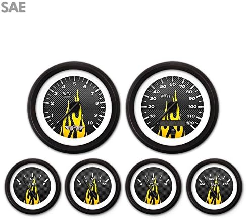 Aurora Instruments 4491 Carbon Fiber Yellow Flame SAE 6-Gauge Set with Emblem (Black Modern Needles, Black Trim Rings, Style Kit DIY Install)