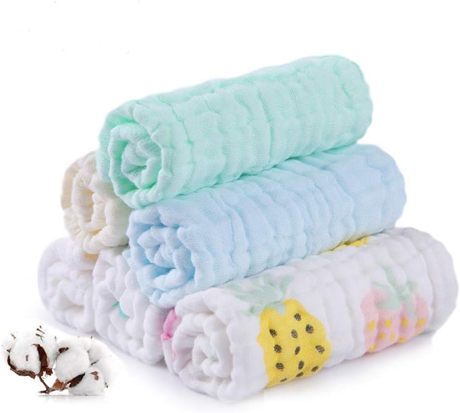 Baby Muslin Washcloths- Natural Cotton Baby Towels, Soft Newborn Baby Face Towel for Sensitive Skin- Baby Registry as Shower Gift, 6 Pack 10x10 inches for Babies (6 Pack)