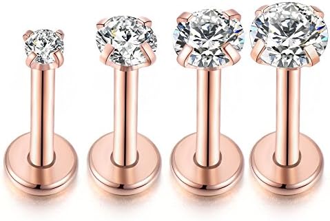 16G Helix Stud Earrings for Women Girls Cubic Zirconia Crystal Diamante Cartilage Tragus Surgical Body Piercing Jewellery 2/3/4/5mm 4Pcs Rose Gold