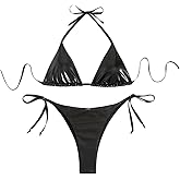 Falainetee Women's Metallic Shiny Bathing Suit High Waisted Triangle Tie Side Swimsuit Bikini Set