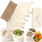 Organic Reusable Muslin Produce Bags - Washable Cotton Muslin Grocery Bags for Fruit and Veg Storage - 6 Food Grocery Bags and 1 Bonus Greens Swaddle Sheet - Eco Friendly Drawstring Bag Set - S, M, L