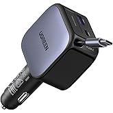 UGREEN 60W 2C1A Car Charger with Retractable Cable, 3-Port Fast Charger with 30W PD USB-C, USB-A, Cigarette Lighter Adapter for iPhone 17/16/15, Galaxy S25/S24, iPad, GPS, 12V Car Accessories