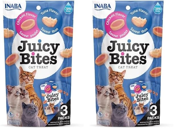 Juicy Bites by INABA Cat Treat - Chicken & Tuna Flavour 2-Pack (33g Total) / Soft & Moist Cat Treat, Delicious & Healthy Snack for Cats, Hand Feeding Nibbles, Bite Sized Snack, Natural, Grain Free