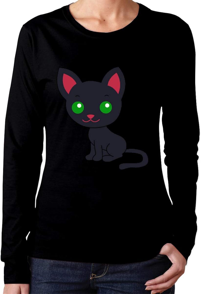 ACFUNEJRQ Cute Black Cat Women's Cotton Long Sleeve Shirts Casual Round